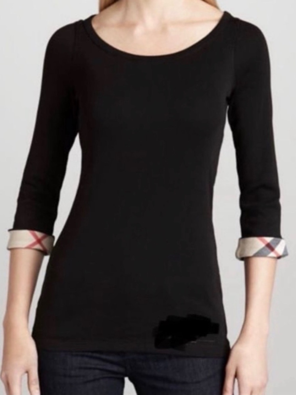 Burberry Brit Check Cuff 3/4 Sleeve Top Black S